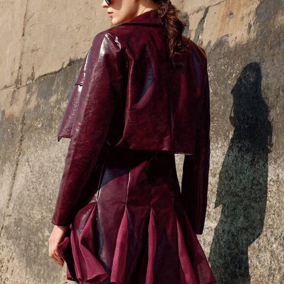 Burgundy Shiny Pu faux Leather Patch Mesh Splicing dress w/Jacket set - Picture 2 of 7